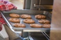Cropped image of hand removing cookie tray from oven in kitchen