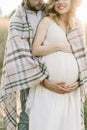 Cropped image of happy young couple, man and pregnant woman, walking in sunny evening in beautiful wild summer field Royalty Free Stock Photo