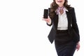 cropped image of laughing stewardess showing smartphone with blank screen