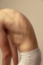 Close-up cropped image of male back, muscular relief isolated over grey studio background. Model posing shirtless, in Royalty Free Stock Photo