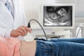 Doctor Moving Ultrasound Probe On Pregnant Woman`s Belly