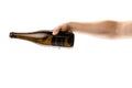 Cropped image of male hand holding bottle of white wine isolated over white background Royalty Free Stock Photo
