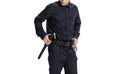 Cropped image of male policeman officer wearing black uniform with professional ammunition isolated on white background.