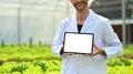 Cropped image of male researcher holding digital tablet with white empty display in greenhouse