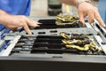 Cropped image of male technician examining computer card slots in electronics industry Royalty Free Stock Photo