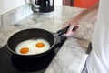 Cropped image of man cooking scrambled eggs on frying pan Royalty Free Stock Photo