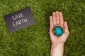 cropped image of man holding earth model in hand with sign save earth on green grass, earth