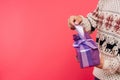 cropped image of man opening present in violet box Royalty Free Stock Photo