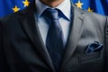 Cropped image of politics man in suit against European Union flag Royalty Free Stock Photo