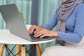 Cropped image, Muslim woman with hijab using laptop computer