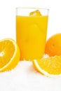 Cropped image of orange juice,ice cubes and fruit on ice on white Royalty Free Stock Photo