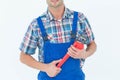 Cropped image of plumber holding monkey wrench Royalty Free Stock Photo