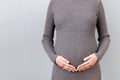 Cropped image of pregnant woman wearing gray dress. Young mother is hugging her belly expecting a baby at gray background. Copy Royalty Free Stock Photo