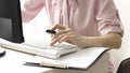 Cropped image of professional businesswoman working at her office via laptop, young female manager using portable Royalty Free Stock Photo