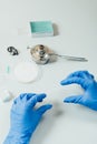 cropped image of scientist in latex gloves examining analysis in modern Royalty Free Stock Photo