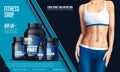 Cropped image of beautiful young sportswoman in the sport tights and the bra, and set of bottles with sport nutrition. Vector Royalty Free Stock Photo