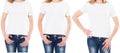 Cropped image three woman in t-shirt isolated on white background