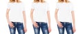 Cropped image three woman in white t-shirt mock up isolated on white background, girl in blank empty t shirt various