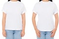 Cropped image two asian woman set in t-shirt isolated on white,korean girl in white tshirt,blank,copy space Royalty Free Stock Photo