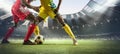 Cropped image of two soccer, football players in motion, action at stadium during football match. Concept of sport