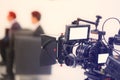 Cropped image of a Video of the interview. Television equipment, camcorder with LCD screen, lighting equipment Royalty Free Stock Photo