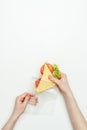 cropped image of woman packing sandwich in plastic ziplock bag on white