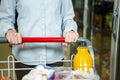 Cropped image of woman pushing trolley in aisle Royalty Free Stock Photo