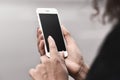 Close up hand of young mixed race business woman using phone contact with partner at outdoor, business people success in job,