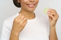 Female using tooth floss smile with healthy white teeth. Young woman flossing, doing morning routine Royalty Free Stock Photo