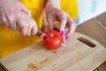 Cropped image of Young Mother Helping Daughter to cut tomato Royalty Free Stock Photo