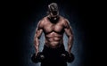 Cropped image of young muscular man doing heavy dumbbell exercise for biceps. Man working out with dumbbells on grey background. Royalty Free Stock Photo