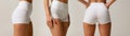 Set of cropped images of sportive female buttocks in cotton white shorts isolated over gray background. Anti-cellulite Royalty Free Stock Photo