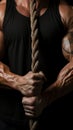 A cropped, intense view of a bodybuilders arms during cable crossover