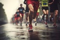 cropped legs anonymous crowd of sports people running marathon outdoors on rainy day