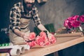 Cropped low angle view photo of charming handsomer youth people person entrepreneur floral natural assortment woman day