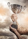 Cropped male arms with winner cup. Royalty Free Stock Photo