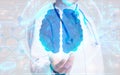 Cropped of man doctor neurosurgeon holding hologram of human brain Royalty Free Stock Photo