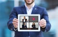 Cropped of man manager have video chat with colleagues Royalty Free Stock Photo