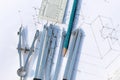 Cropped and part view of civil engineering plans and diagrams with tools Royalty Free Stock Photo