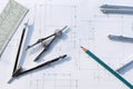 Cropped and part view of civil engineering plans and diagrams with tools Royalty Free Stock Photo