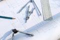 Cropped and part view of civil engineering plans and diagrams with tools Royalty Free Stock Photo