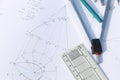 Cropped and part view of civil engineering plans and diagrams with tools Royalty Free Stock Photo