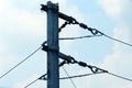 Cropped and partial view of electrical overhead line with pole under daylight.