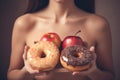 Woman holding healthy apple and tempting donuts. Concept of choosing healthy diet. Generative Ai