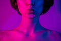 Cropped photo calm girl with nude shoulders sending air kiss pouted lips isolated neon color background