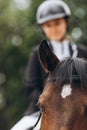 Cropped photo of caucasian young beautiful girl wearing helmet and uniform riding horse in countryside Royalty Free Stock Photo