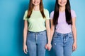 Cropped photo of charming positive two people ladies lesbians couple hold arms toothy smiling best buddies fellowship Royalty Free Stock Photo