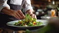 Cropped photo Close-up hands of male cook adding greens finishing dish, decorating meal in the end. gastronomy, food, nutrition,