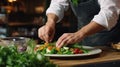 Cropped photo Close-up hands of male cook adding greens finishing dish, decorating meal in the end. gastronomy, food, nutrition,