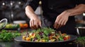 Cropped photo Close-up hands of male cook adding greens finishing dish, decorating meal in the end. gastronomy, food, nutrition,